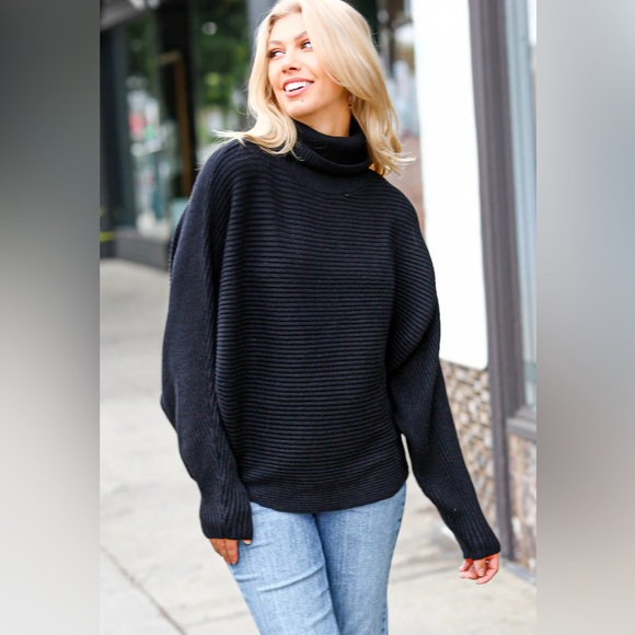 Black Dolman Ribbed Turtle Neck Boutique Sweater, Relaxed Fit, size Small - Picture 2 of 6
